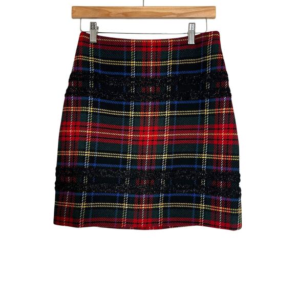 J Crew Lurex Stewart Plaid Mini Skirt Size 2 Red Black Green K2126 Tartan - Picture 1 of 9